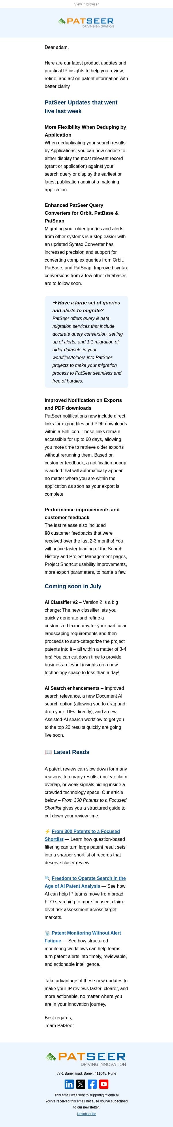 June Updates: Learn more about what PatSeer has been up to email from PatSeer screenshot