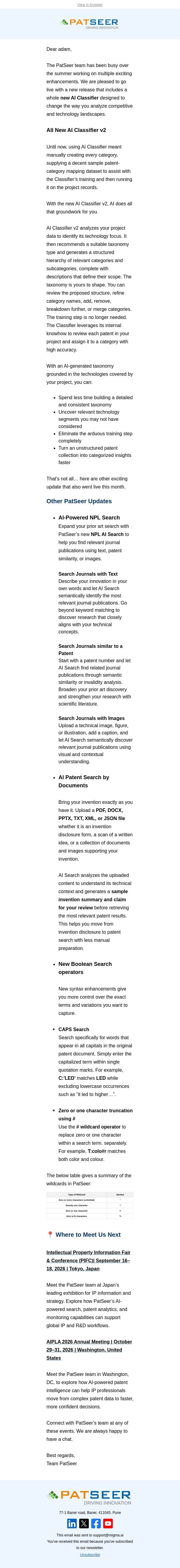 August Updates: Announcing AI Classifier v2 – Technology Landscapes will never be the same email from PatSeer screenshot