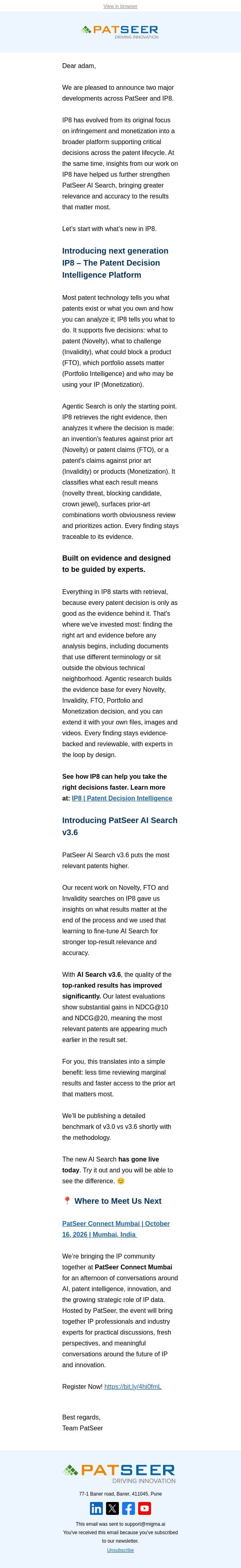 Two Major Upgrades: New IP8 + A Major Leap in PatSeer AI Search email from PatSeer screenshot