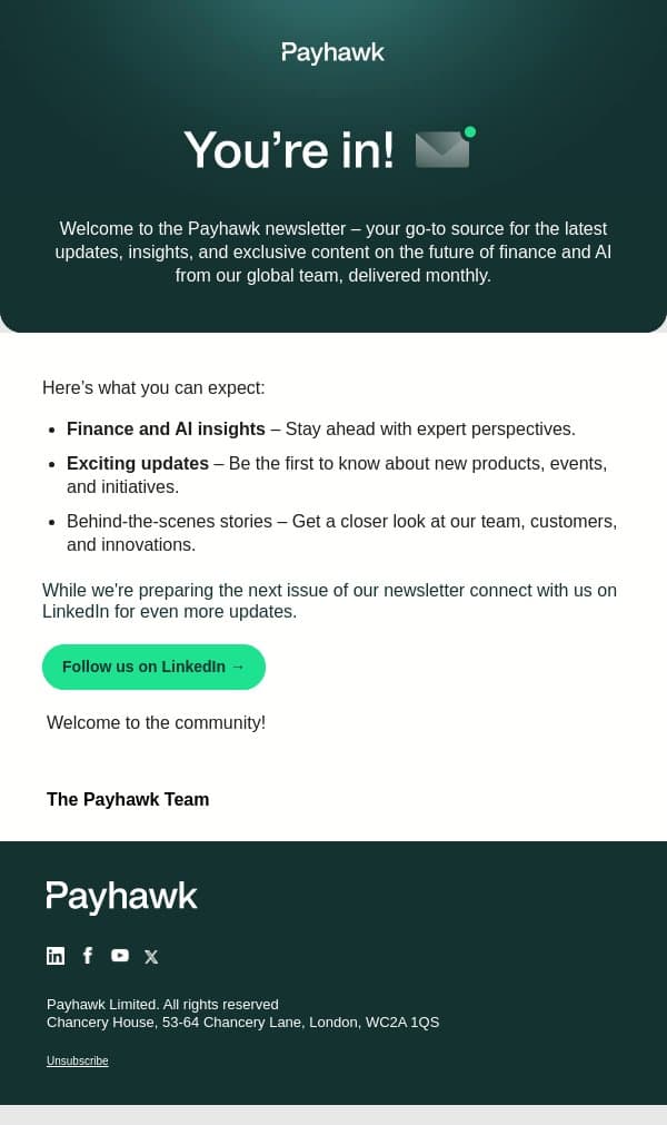 You're in! Welcome to the Payhawk newsletter! email from Payhawk screenshot