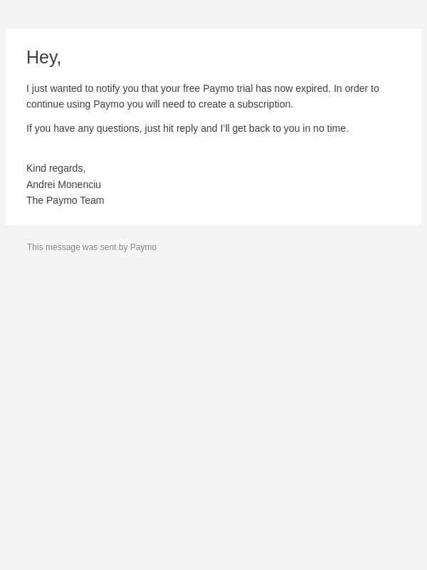 Your Paymo trial has expired email from Paymo screenshot