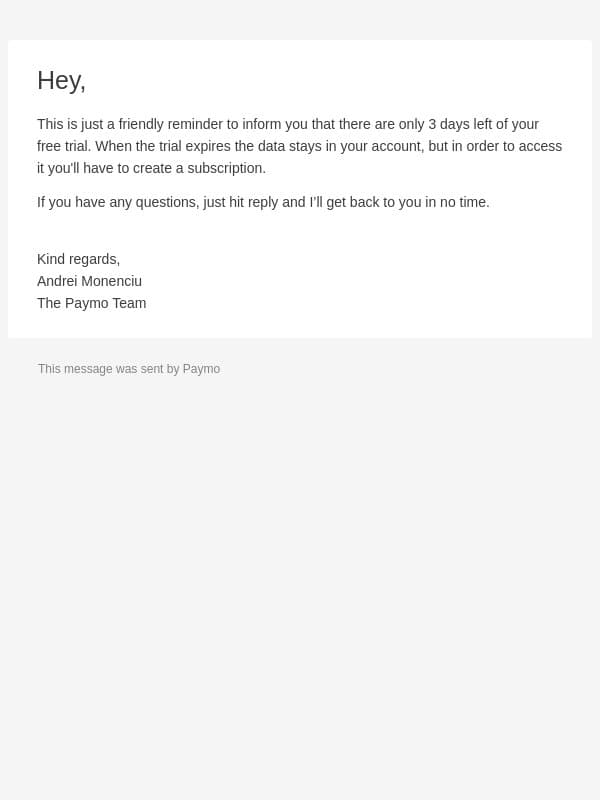 Your Paymo trial expires soon email from Paymo screenshot