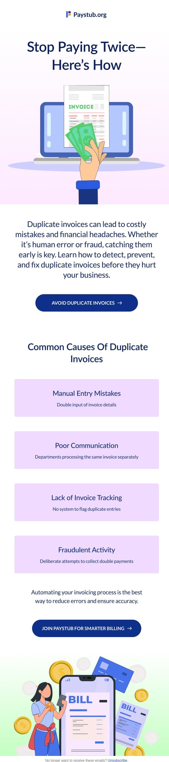 How to detect, prevent & fix duplicate invoices email from Paystub screenshot