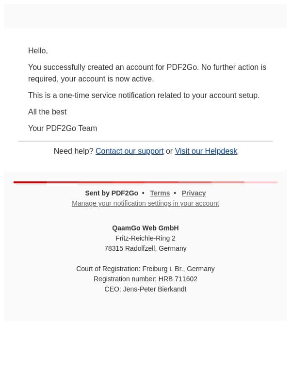Your PDF2Go account is active email from PDF2Go screenshot
