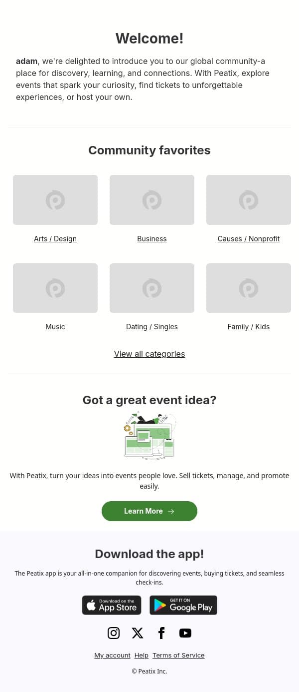 Welcome to Peatix! email from Peatix screenshot
