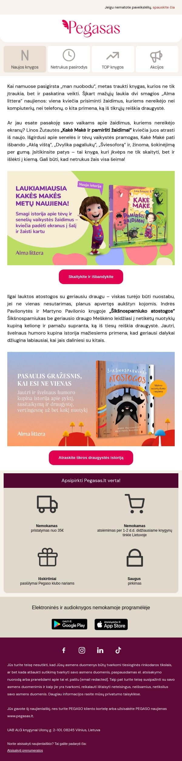 Dvi knygos prieš nuobodulį email from Pegasas screenshot