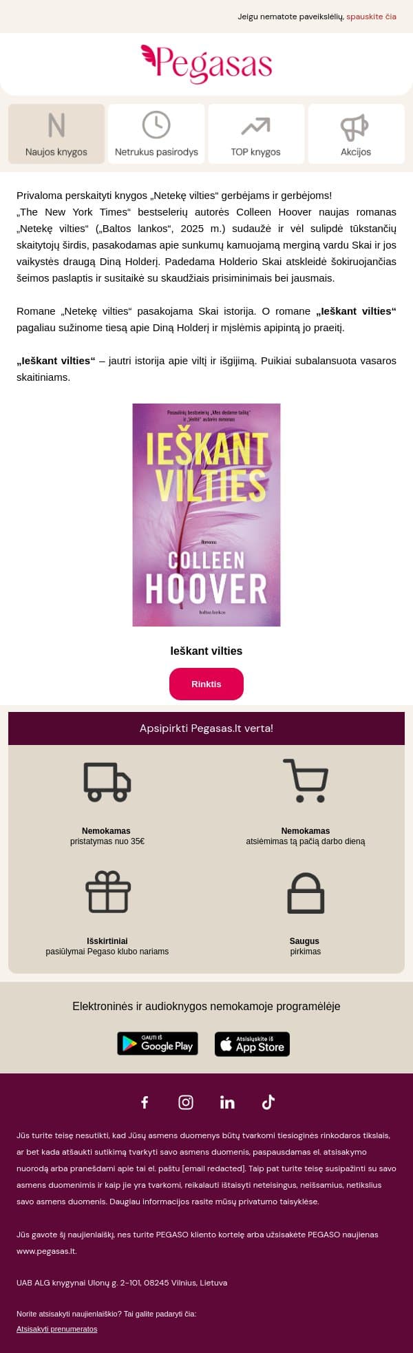📖 Knyga, kuri tikrai patiks „Netekę vilties“ gerbėjams ir gerbėjoms! email from Pegasas screenshot