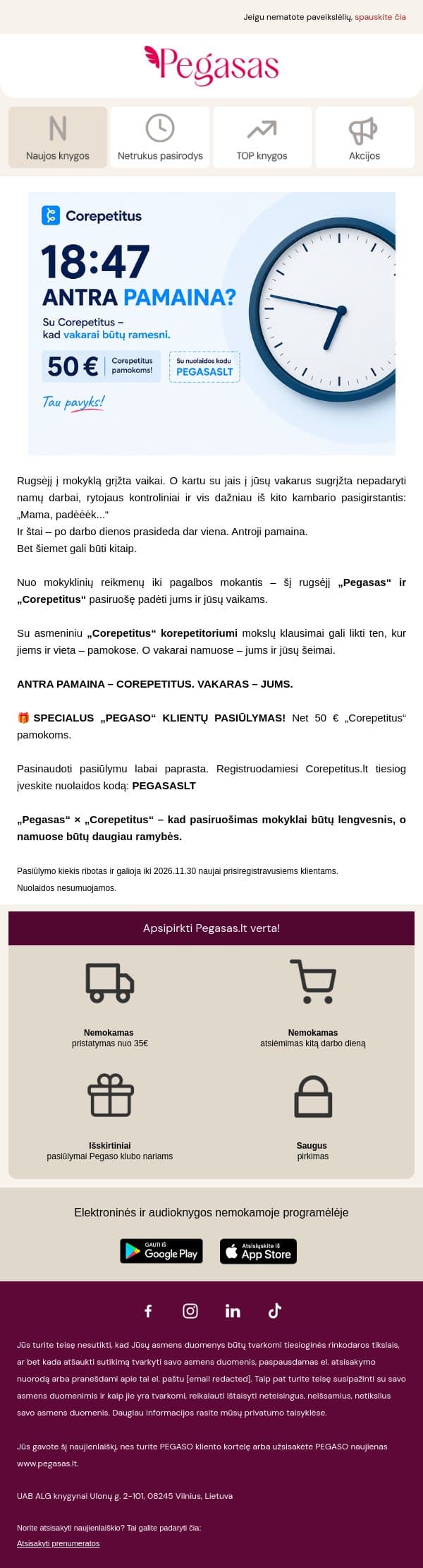 18:47. Ar rugsėjį vėl prasidės antroji pamaina? email from Pegasas screenshot