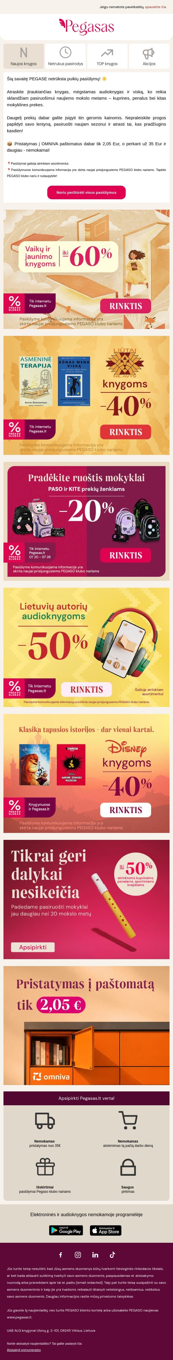 Nepraleiskite naujų PEGASO pasiūlymų! 📣 email from Pegasas screenshot