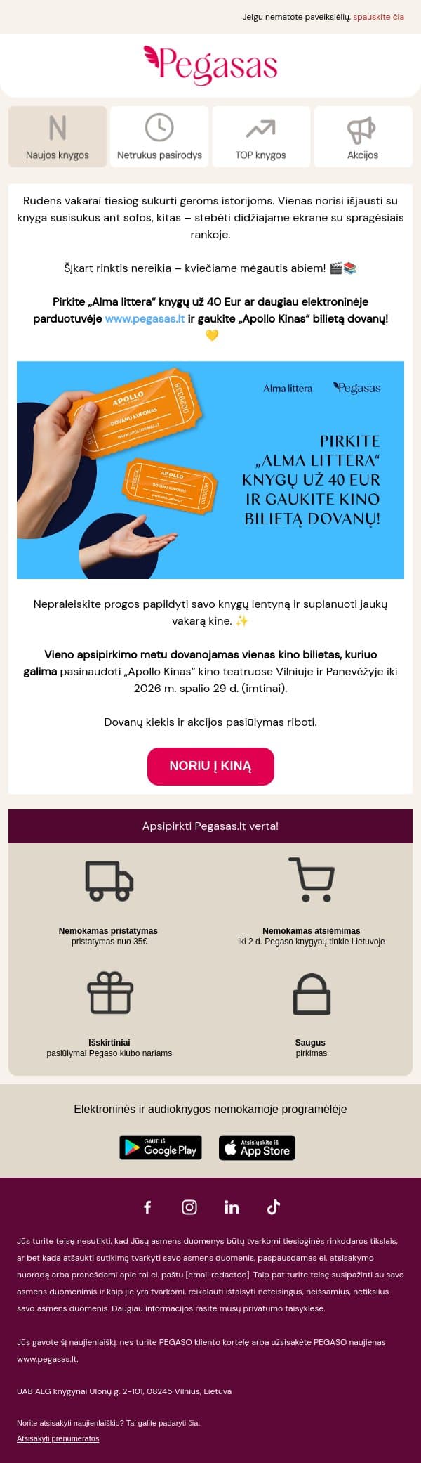 Kino bilietas – dovanų! 🎬 email from Pegasas screenshot