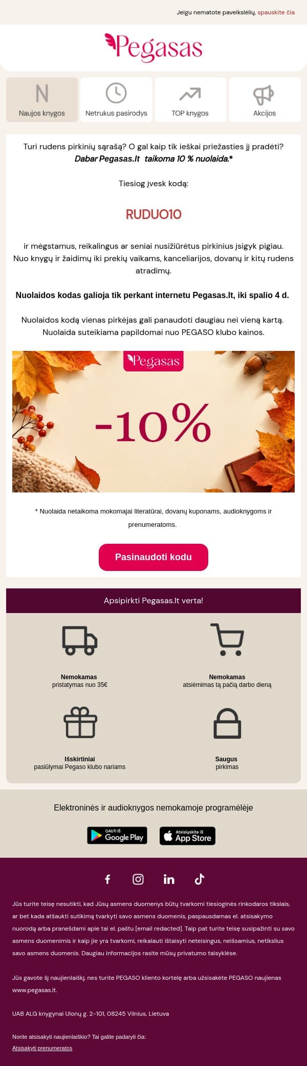 🍂Tavo rudens kodas: -10 % PEGASAS.lt🎁 email from Pegasas screenshot