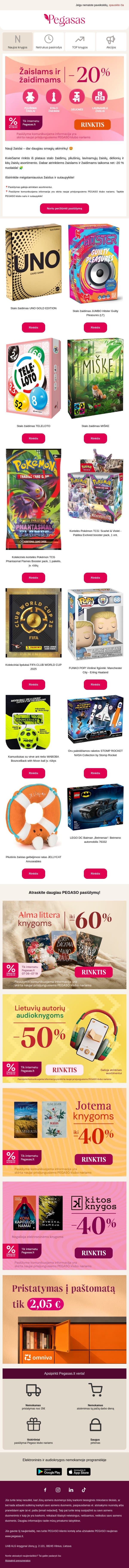 🧩 Metas pažaisti! Daugybė žaislų ir žaidimų -20% pigiau! email from Pegasas screenshot