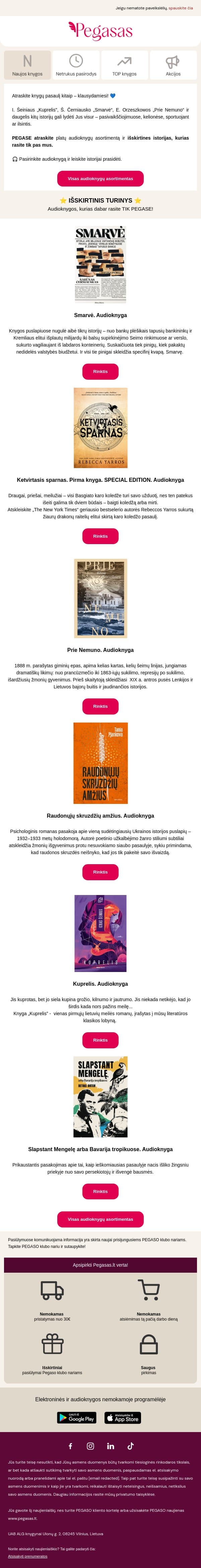 🎧 Kokią istoriją klausysite šiandien? Išsirinkite audioknygą, kuri lydės Jus visur! email from Pegasas screenshot
