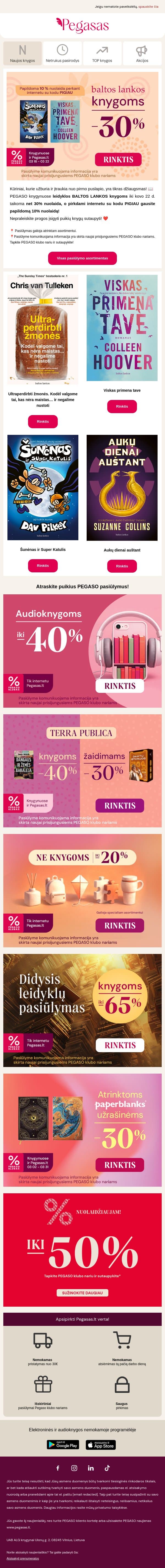 ⭐ Leidyklos BALTOS LANKOS knygoms net 30% nuolaida + 10% papildomos nuolaidos kodas perkant internetu email from Pegasas screenshot