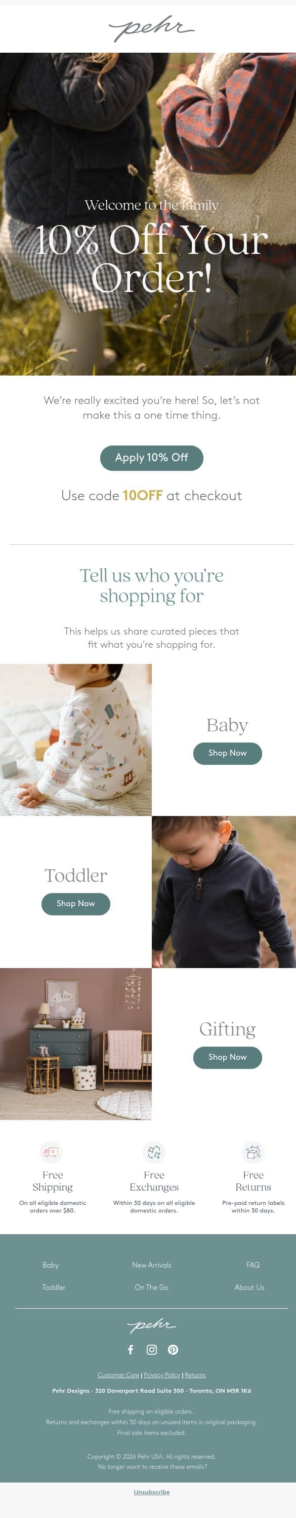 Welcome! Your 10% Offer Is Inside email from Pehr screenshot