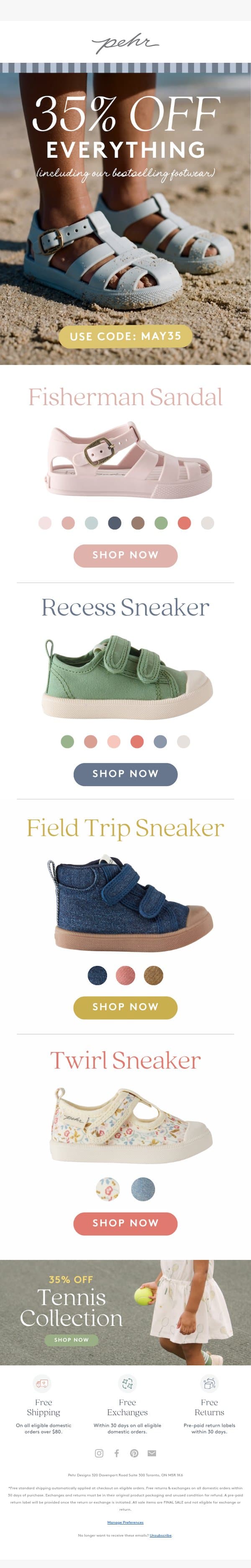 Walk, run, SAVE 35%! email from Pehr screenshot
