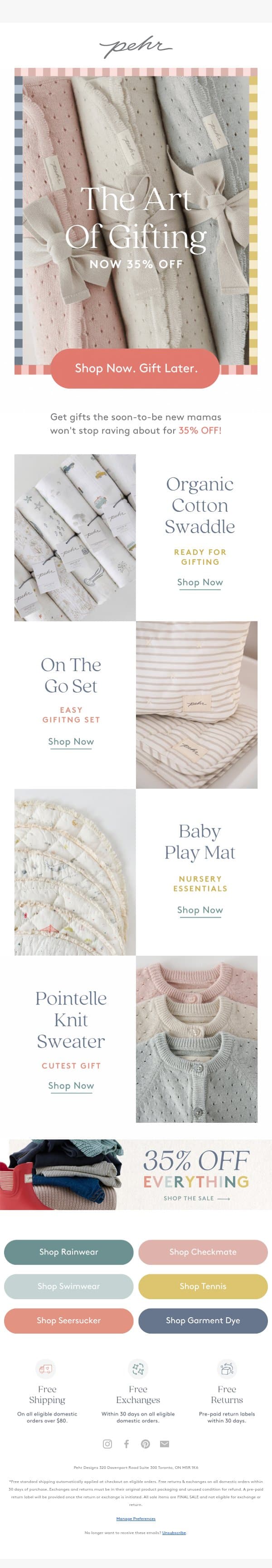 35% Off Gift Giving email from Pehr screenshot
