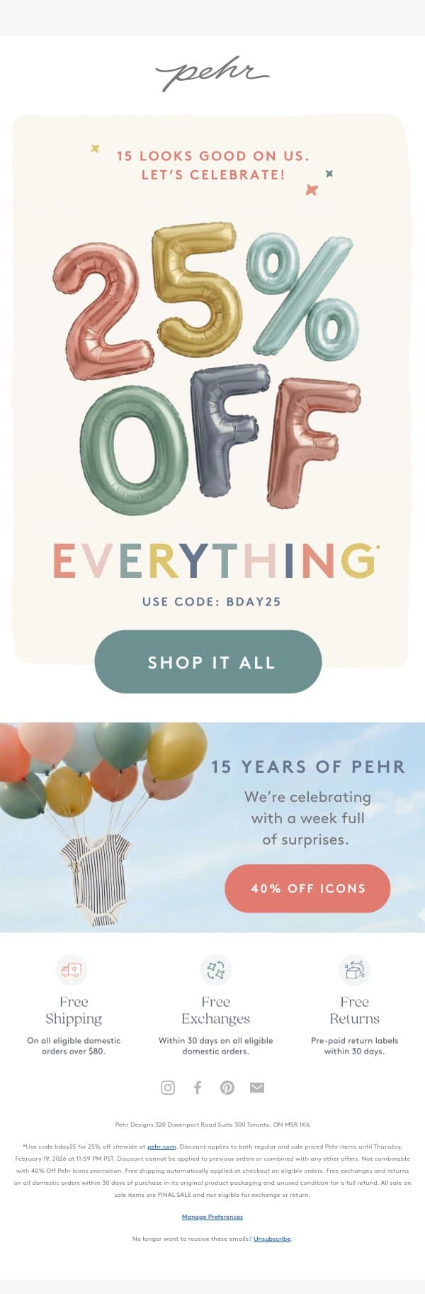 A Gift For You: 25% Off EVERYTHING email from Pehr screenshot
