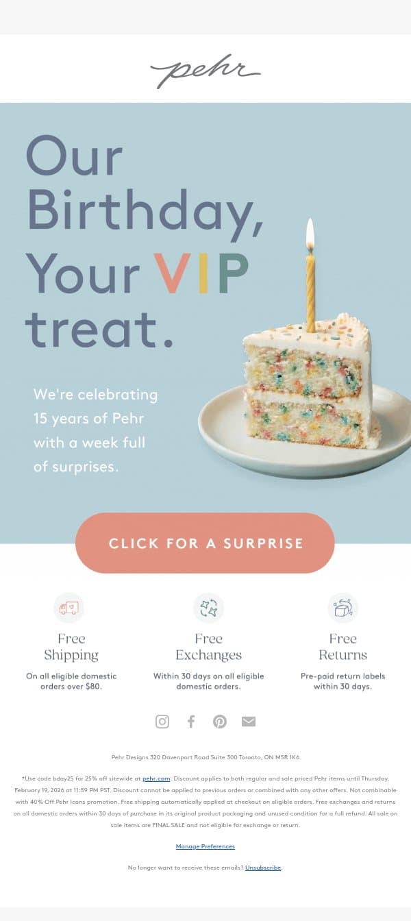SURPRISE! It's Our Birthday 🎈 email from Pehr screenshot