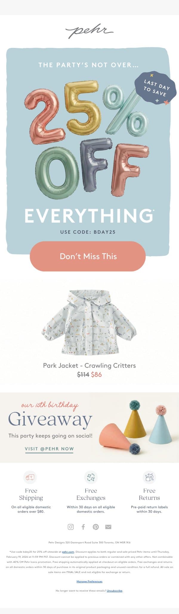 Psst... 25% Off EVERYTHING Ends Tonight! email from Pehr screenshot