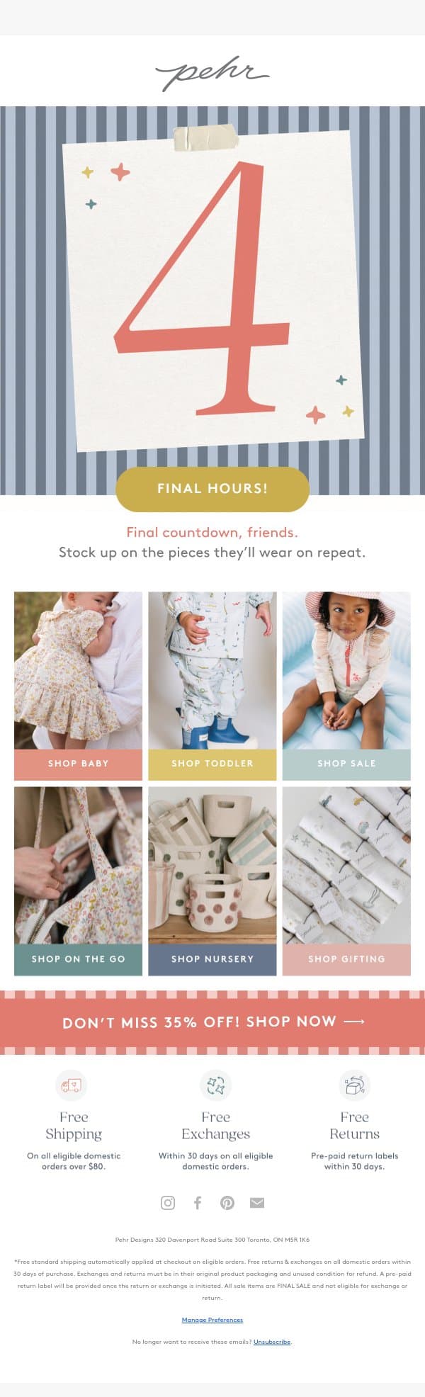 FINAL HOURS. 35% OFF. email from Pehr screenshot