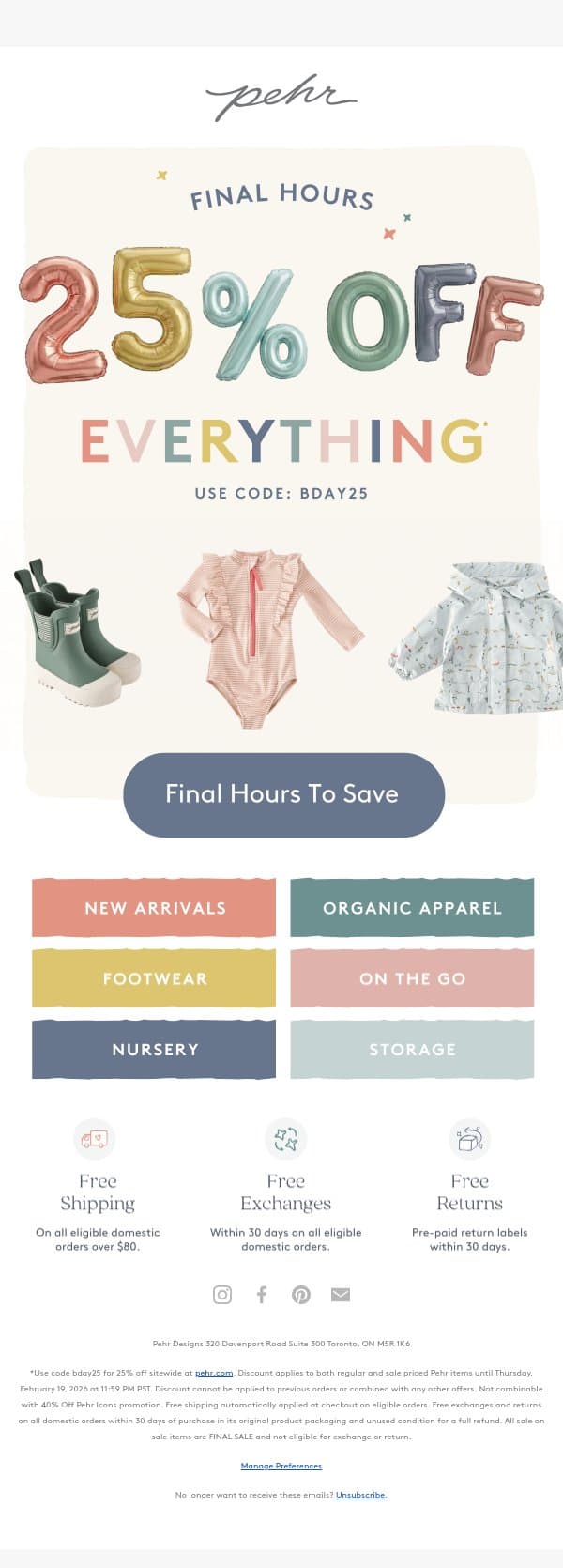 FINAL HOURS ⏰ 25% OFF EVERYTHING email from Pehr screenshot