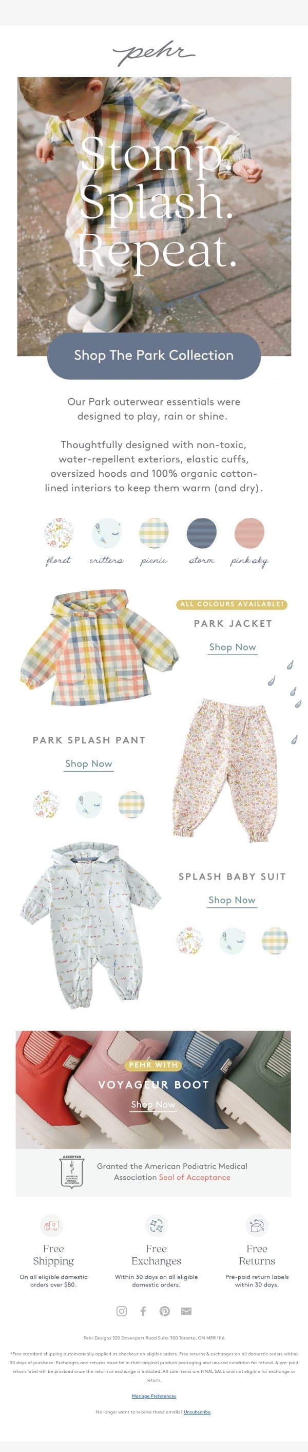 Puddle-Ready. Water-Proof. Toddler-Approved. email from Pehr screenshot