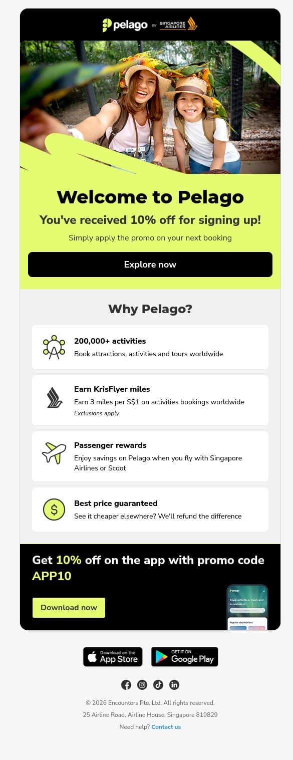 Welcome to Pelago! Discover & book unique experiences today email from Pelago screenshot