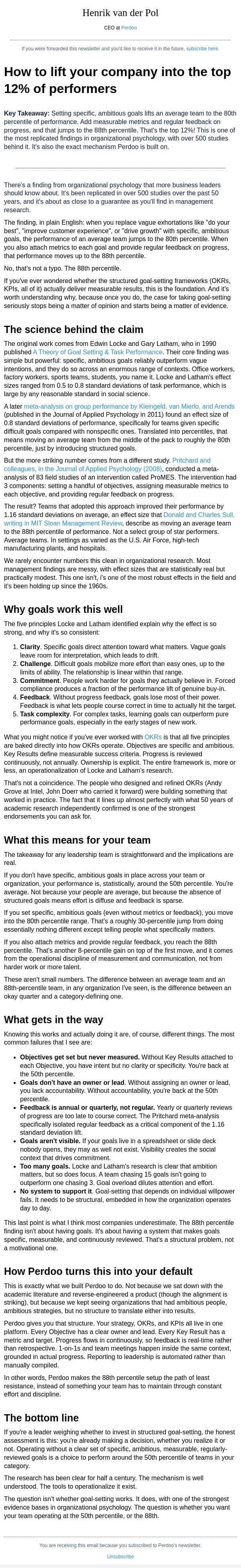 How to lift your company into the top 12% of performers email from Perdoo screenshot