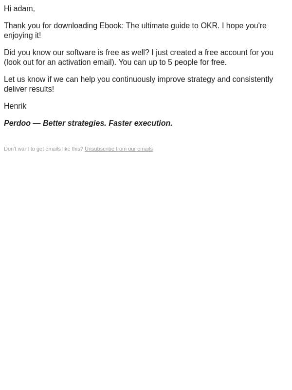 How's Ebook: The ultimate guide to OKR? email from Perdoo screenshot