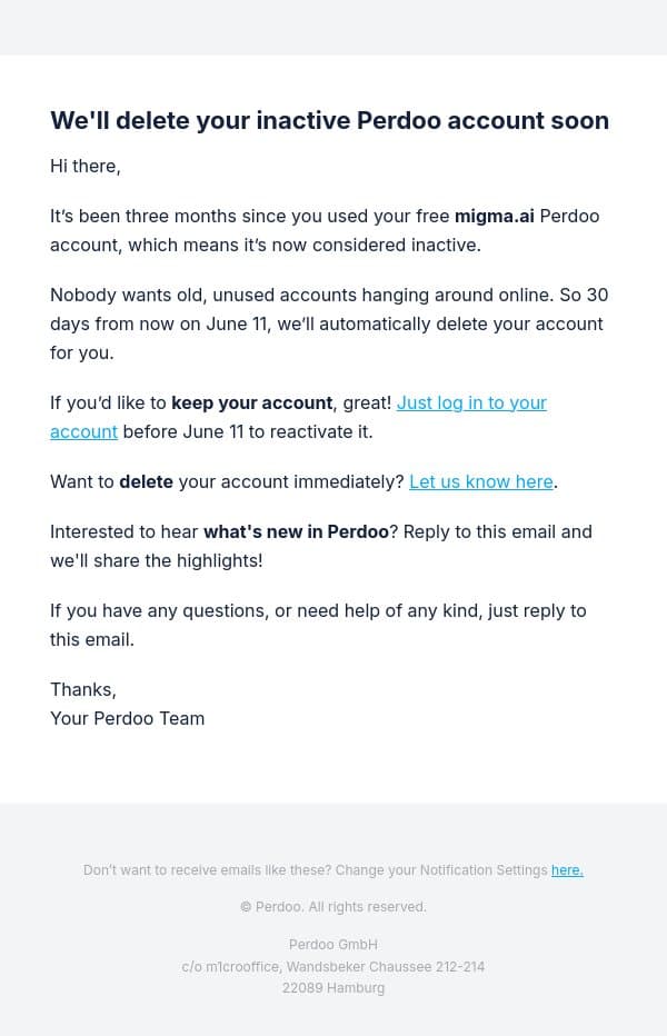 Your inactive Perdoo account will be deleted soon email from Perdoo screenshot