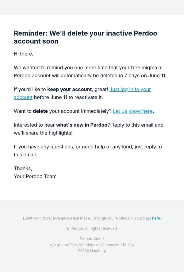 Reminder: Your inactive Perdoo account will be deleted soon email from Perdoo screenshot