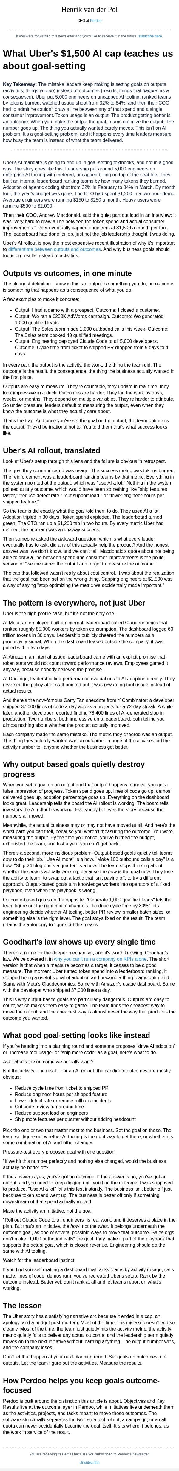 What Uber's $1,500 AI cap teaches us about goal-setting email from Perdoo screenshot