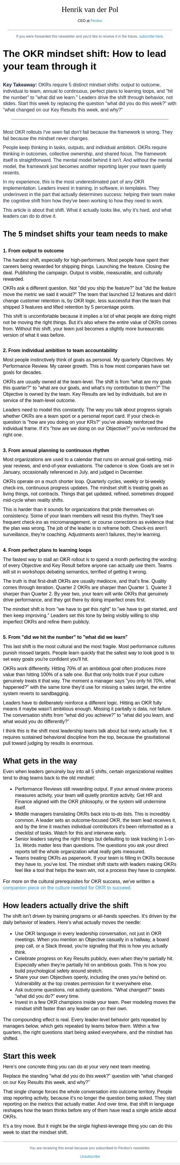 The OKR mindset shift: How to lead your team through it email from Perdoo screenshot