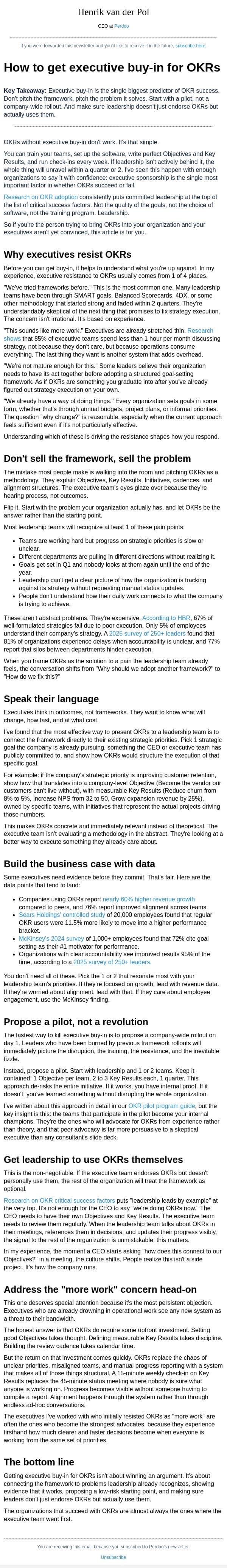 How to get executive buy-in for OKRs email from Perdoo screenshot