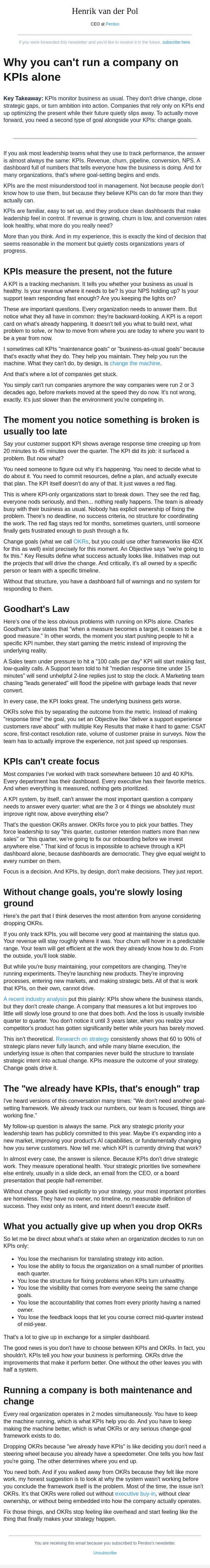 Why you can't run a company on KPIs alone email from Perdoo screenshot