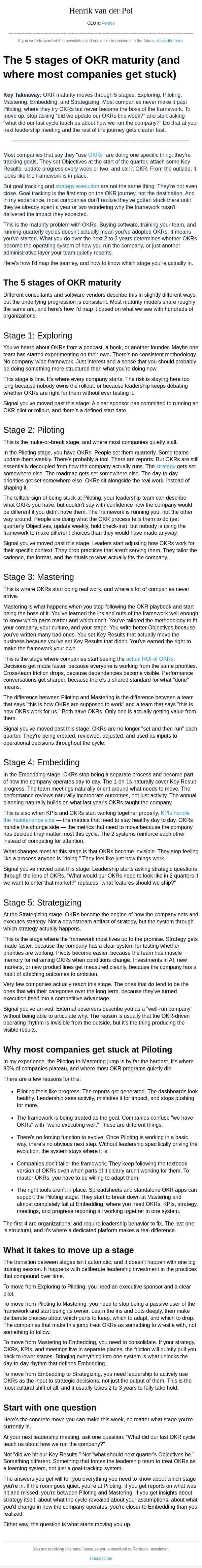 The 5 stages of OKR maturity (and where most companies get stuck) email from Perdoo screenshot