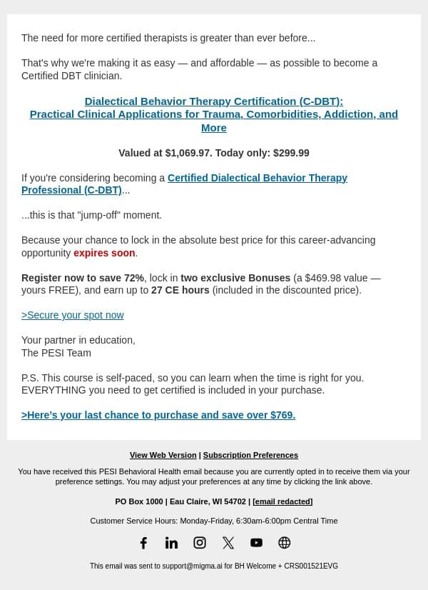 Going fast! Certification Course: Dialectical Behavior Therapy email from PESI screenshot