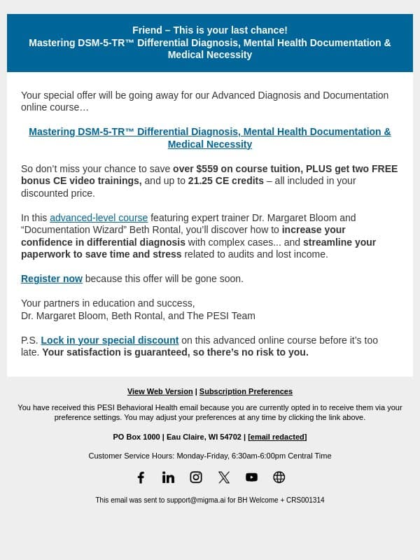 [Last chance] Mastering DSM-5-TR™ Differential Diagnosis, Mental Health Documentation & Medical Necessity email from PESI screenshot