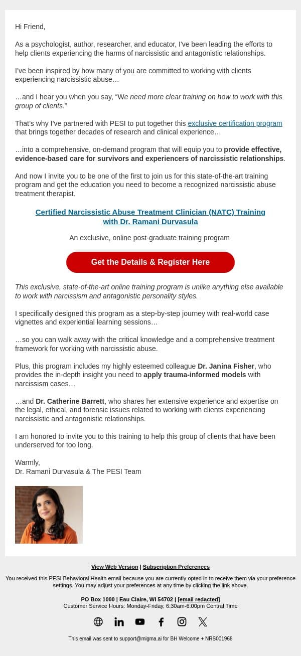 Certified Narcissistic Abuse Treatment Clinician Program email from PESI screenshot