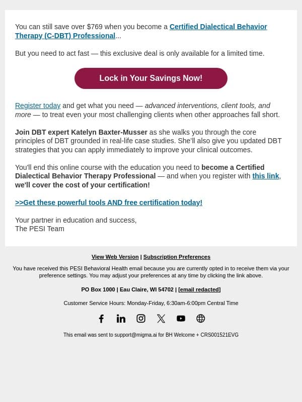 [LAST CHANCE] Become a Certified DBT Professional & save $769 email from PESI screenshot