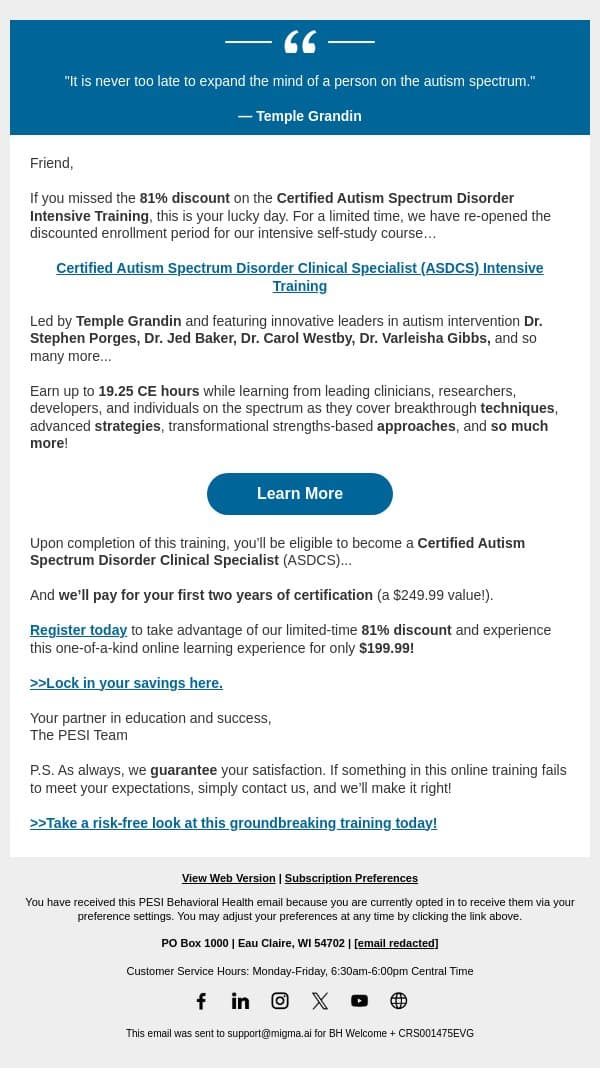 Deadline extended... Become a Certified Autism Spectrum Disorder Clinical Specialist email from PESI screenshot