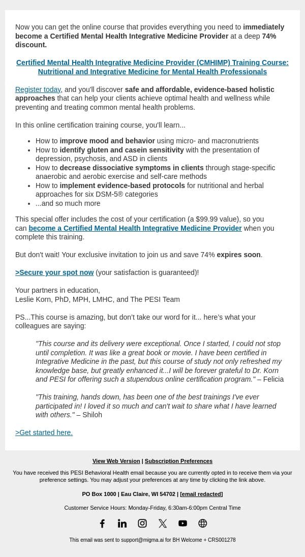 Your chance to become Certified in Integrative Medicine email from PESI screenshot