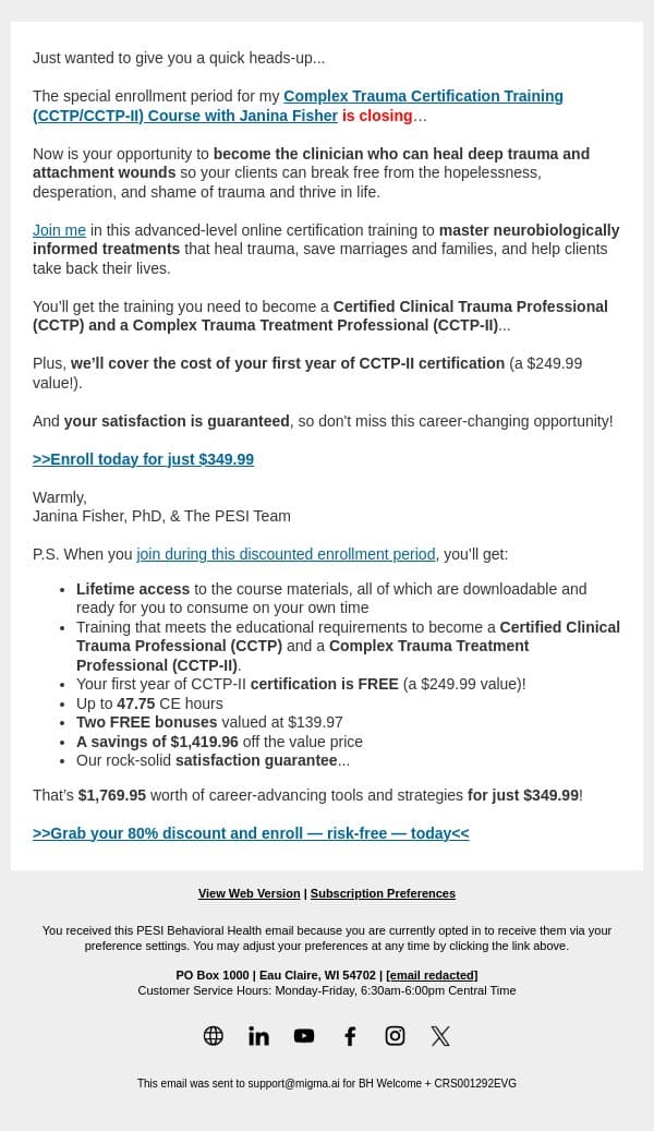 [CLOSING] Become a Certified Complex Trauma Treatment Professional email from PESI screenshot
