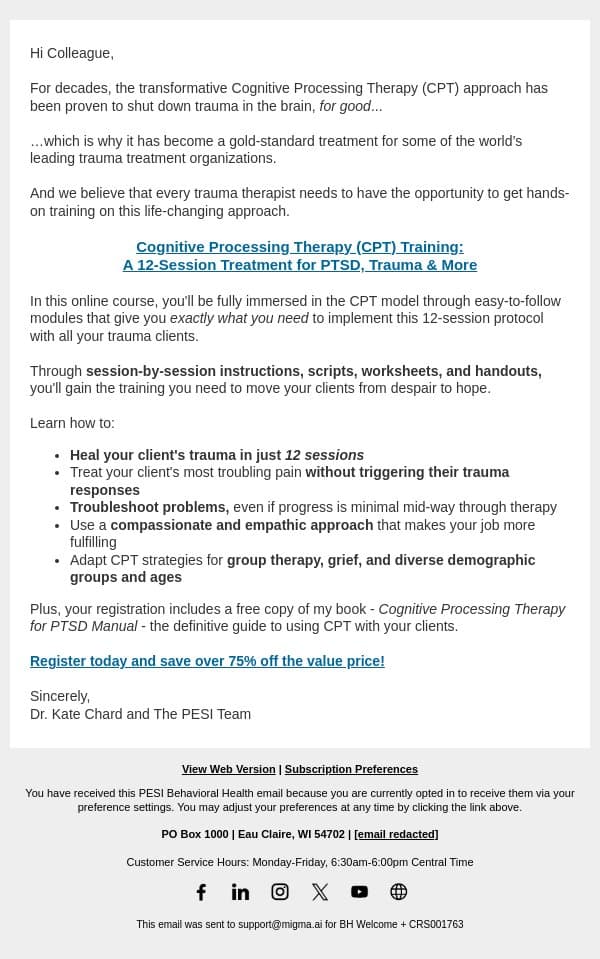 Last chance: Master CPT, the gold-standard trauma treatment approach… email from PESI screenshot