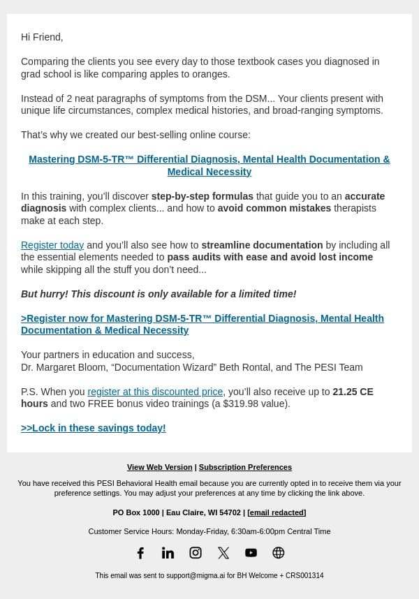 Limited time! Mastering DSM-5-TR™, Mental Health Documentation & Medical Necessity email from PESI screenshot