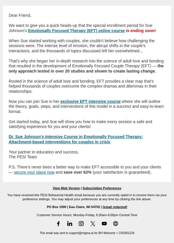 Last Chance to Join the EFT Intensive Course! email from PESI screenshot