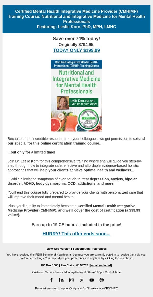 Last Chance! Become Certified in Integrating Nutrition and Mental Health email from PESI screenshot