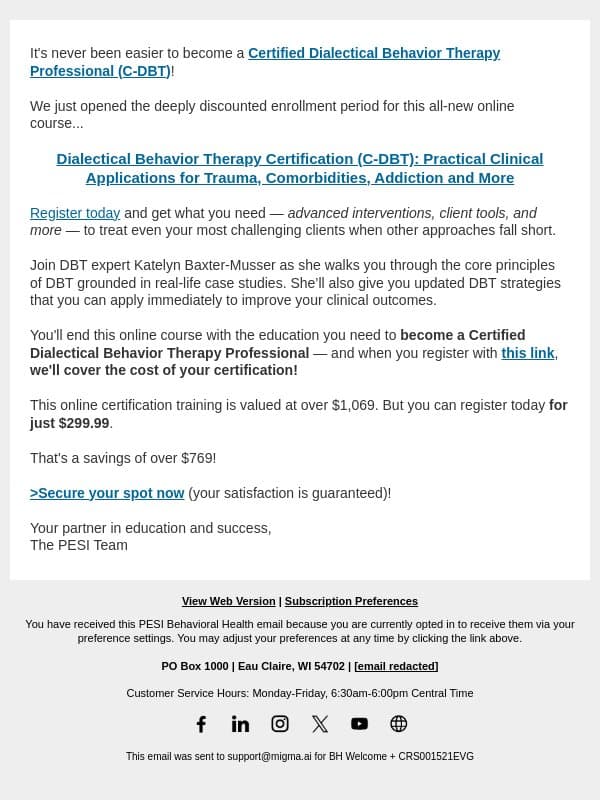 Announcing... Certification Course on Dialectical Behavior Therapy (DBT) email from PESI screenshot