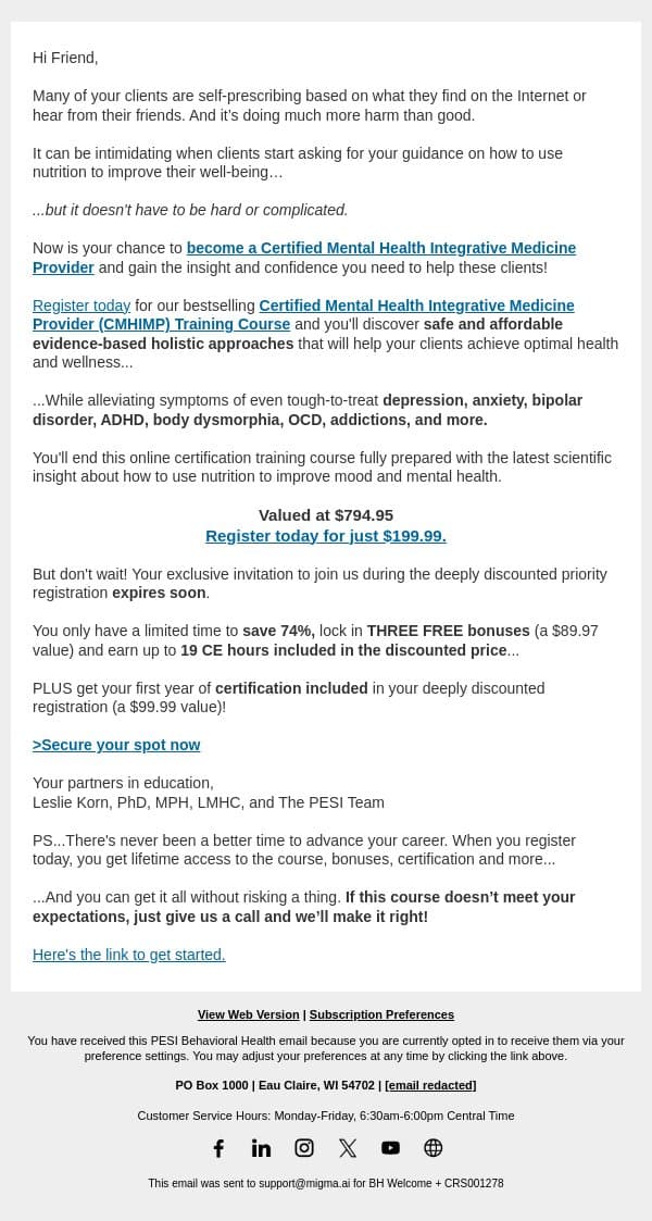 ATTN: Nutrition and Mental Health Certification Special Offer email from PESI screenshot